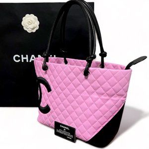 Authentic CHANEL Cambon Ligne Tote Large Pink Quilted Calfskin Leather Purse Bag